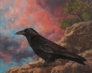 Thinking of Flying Painting by Brenda Howell showing raven on a rocky cliff with a colorful sunset sky