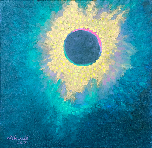 Totality from Casper Mountain#2 Painting by Brenda Howell showing sun in total eclipse from 2017 near Casper Wyoming.