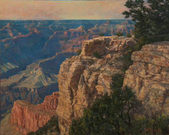 West Rim Magic Painting by Brenda Howell showing dramatic view of the West Rim and the colorful rock formations of Grand Canyon National Park in Arizona.