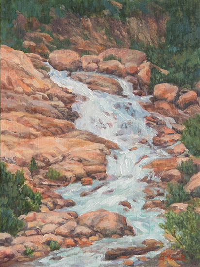 Alluvial Falls Painting by Brenda Howell showing beautiful waterfall cascading down a rocky landscape at Rocky Mountain National Park in Colorado.