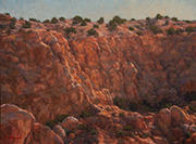 Box Canyon Morning Painting by Brenda Howell showing early morning light on a rocky cliff at Ghost Ranch in Northern New Mexico.