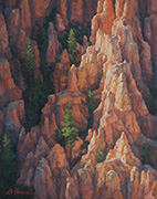 Bryce Canyon Light Painting by Brenda Howell showing colorful rocky spires with interspersed trees in Bryce Canyon National Park in Utah.