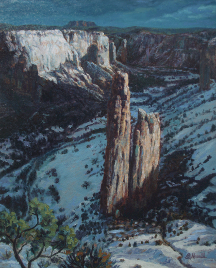 Canyon de Chelly Moonlight Canyon de Chelly Moonlight Painting by Brenda Howell showing a nighttime landscape with snow and spider rock and cliffs at Canyon de Chelly National Monument in Arizona.