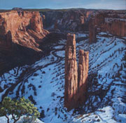 Canyon de Chelly in Snow Painting by Brenda Howell showing a snowy landscape with colorful red rock spires and cliffs at Canyon de Chelly National Monument in Arizona.