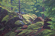 Painting by Brenda Howell of beautiful mossy rocky Hoh Rain Forest in Olympic National Park.