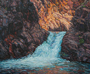 Little Nambe Falls Painting by Brenda Howell showing a waterfall and pool in a rocky grotto on the Nambe Pueblo lands in northern New Mexico.