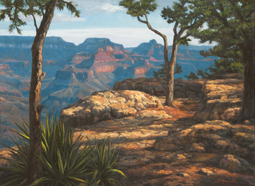 Toroweap Afternoon Drama Painting by Brenda Howell showing dramatic morning light on a rocky forground with trees and the canyon in the distance at the south rim of Grand Canyon National Park in Arizona.