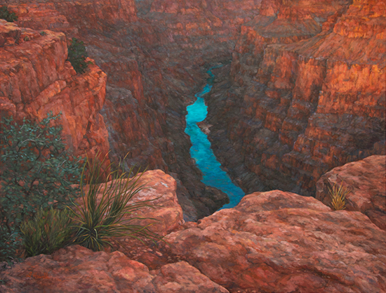 Toroweap Magic Light Painting by Brenda Howell showing beautiful sunset light on the colorful rock walls and the river at Toroweap Point in the far west of Grand Canyon National Park in Arizona.