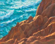 Torry Pines Cliff and Water Painting by Brenda Howell showing Pacific Ocean along the California coast with view of unusually eroded cliffs. 