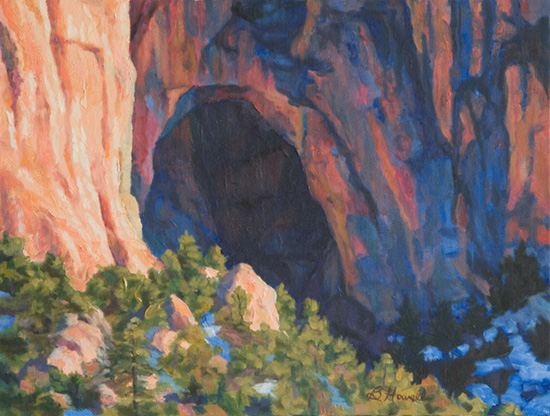 Ventana Arch Painting by Brenda Howell showing Ventana arch in the rocky cliffs with pinon and juniper flanking the hills below in southwestern New Mexico.